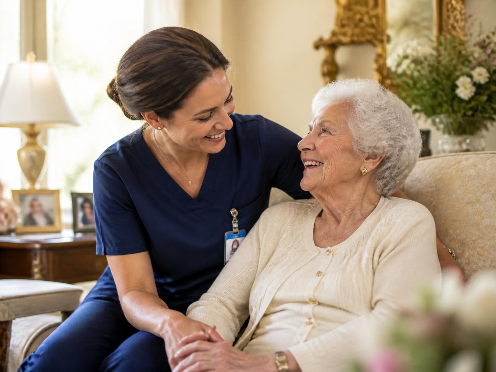 Caregiver sitting with a smiling elderly woman in her living room